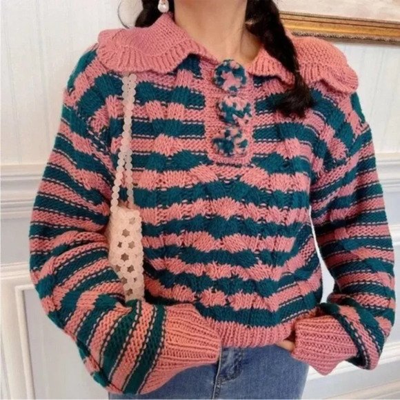 Zara Blogger Fave Striped Textured Knit Peter Pan Collared Sweater Pink & Teal M - Picture 10 of 10